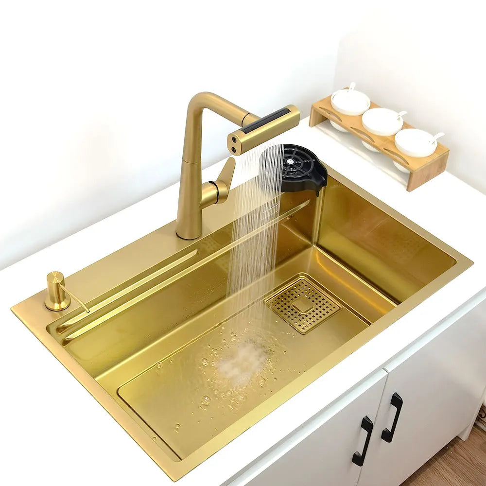 gold Waterfall faucet kichen sink Nano sink 304 Stainless Steel Golden Topmount Single Bowl Wash Basin 4 function kitchen faucet - QUORE
