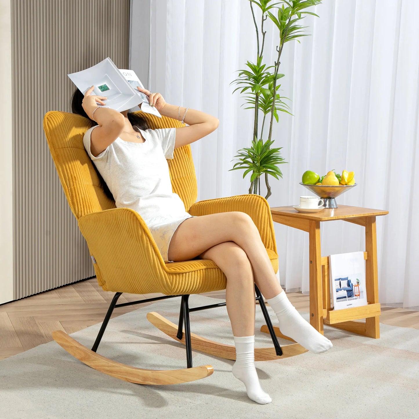 Schommelstoel – Relaxstoel – Woonkamerstoel – Leesstoel – Kinderstoel – Beukenhout En Staal – Ergonomische Rugleuning - 98 x 71 x 101 cm - Geel