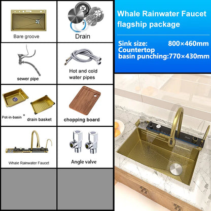 Stainless Steel Waterfall Kitchen Sink Large Single Slot With Digital Display Faucet Apartment Multifunctional Wash Basin