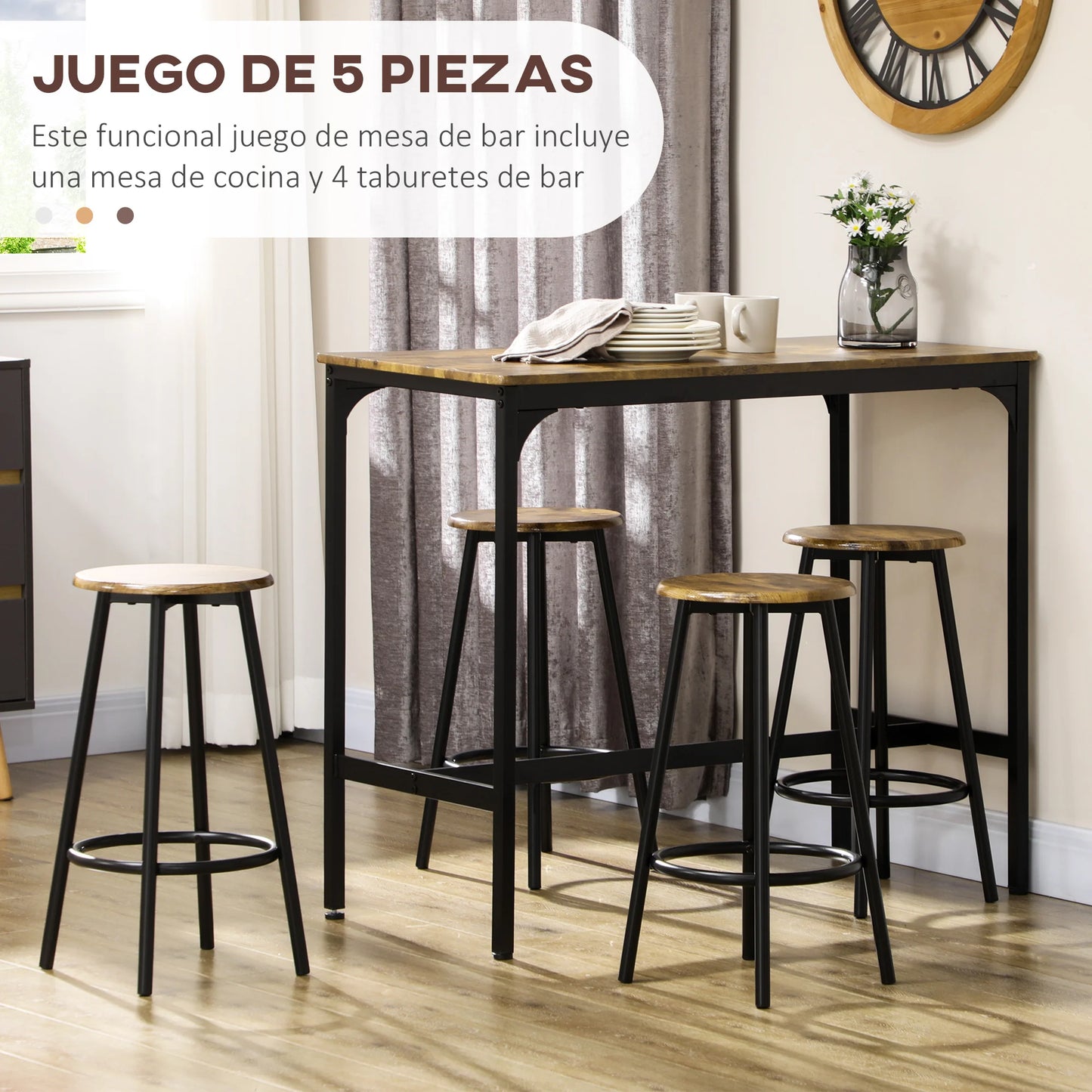 Industriële Barset – Industrieel Barmeubel – Barset Met Krukken – Compacte Barset – Metalen Frame – Duurzaam MDF – Ruimtebesparend Ontwerp