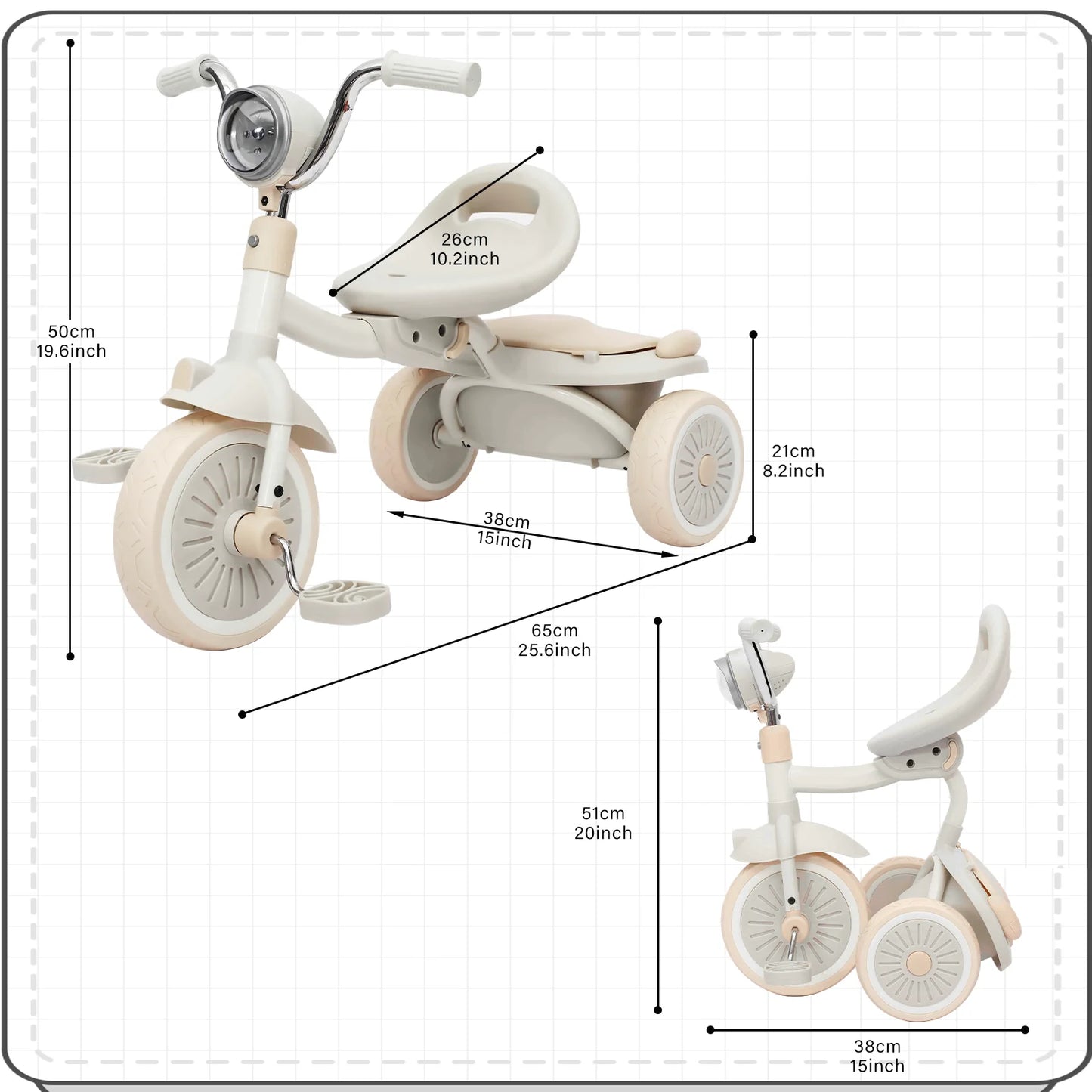 Driewieler voor Peuters – Kinderfiets Opvouwbaar met PU Wielen – Verstelbaar Zadel – Met Voorlamp & Opbergmand – 1 tot 3 Jaar – Crème