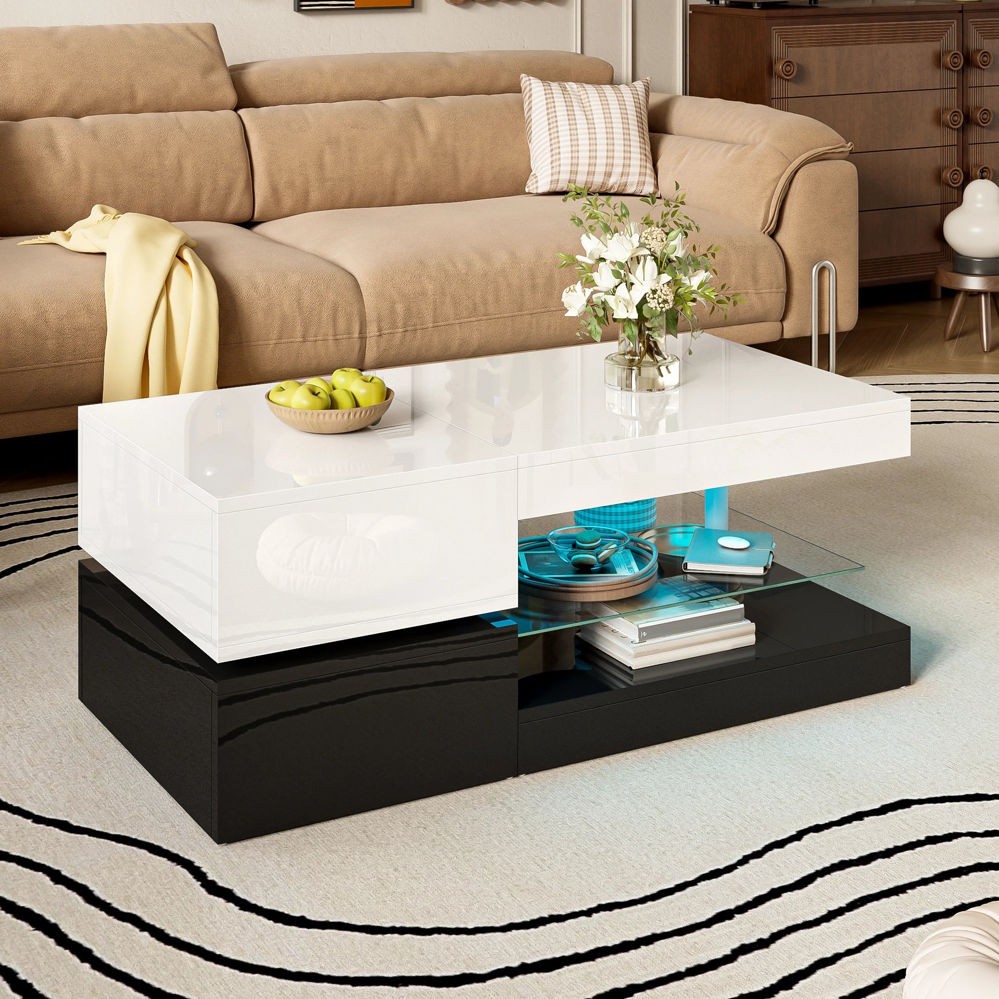 Modern coffee table with LED ambient lighting, app and Bluetooth control, glass shelf and high-gloss surface, black and white - QUORE