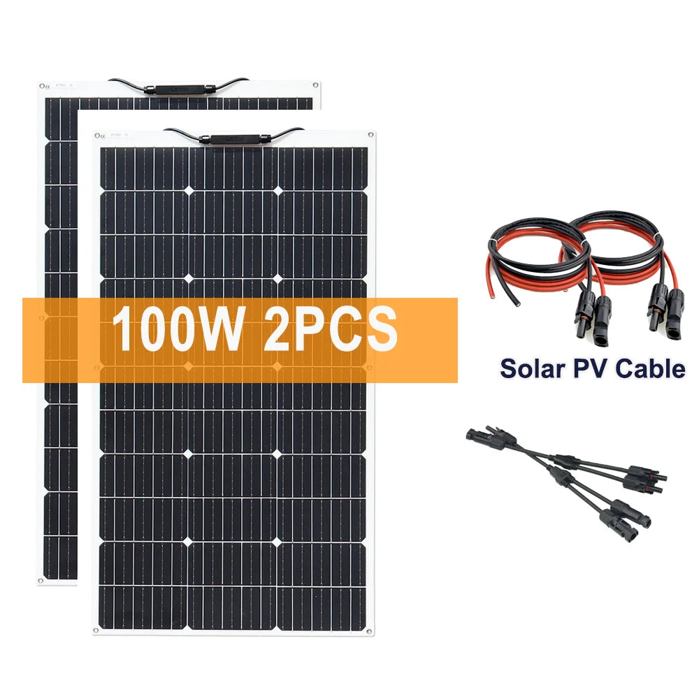 Zonnepanelen - Monokristallijne Zonnepaneel Kit - Flexibel - Zonne Energie - 200W (2 x 100W panelen) - met Solar Controller - Waterdichte - voor Camping, RV & Off-grid 12V Opladen - QUORE