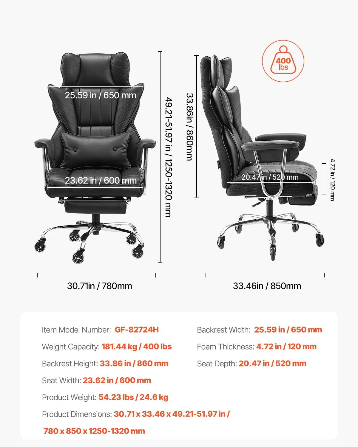 Bureaustoel – Ergonomische Stoel – Office Chair – Bureaustoel – Draaistoel – Verstelbare Rugleuning 135° – Ingebouwde Uitschuifbare Voetensteun – PU Leder