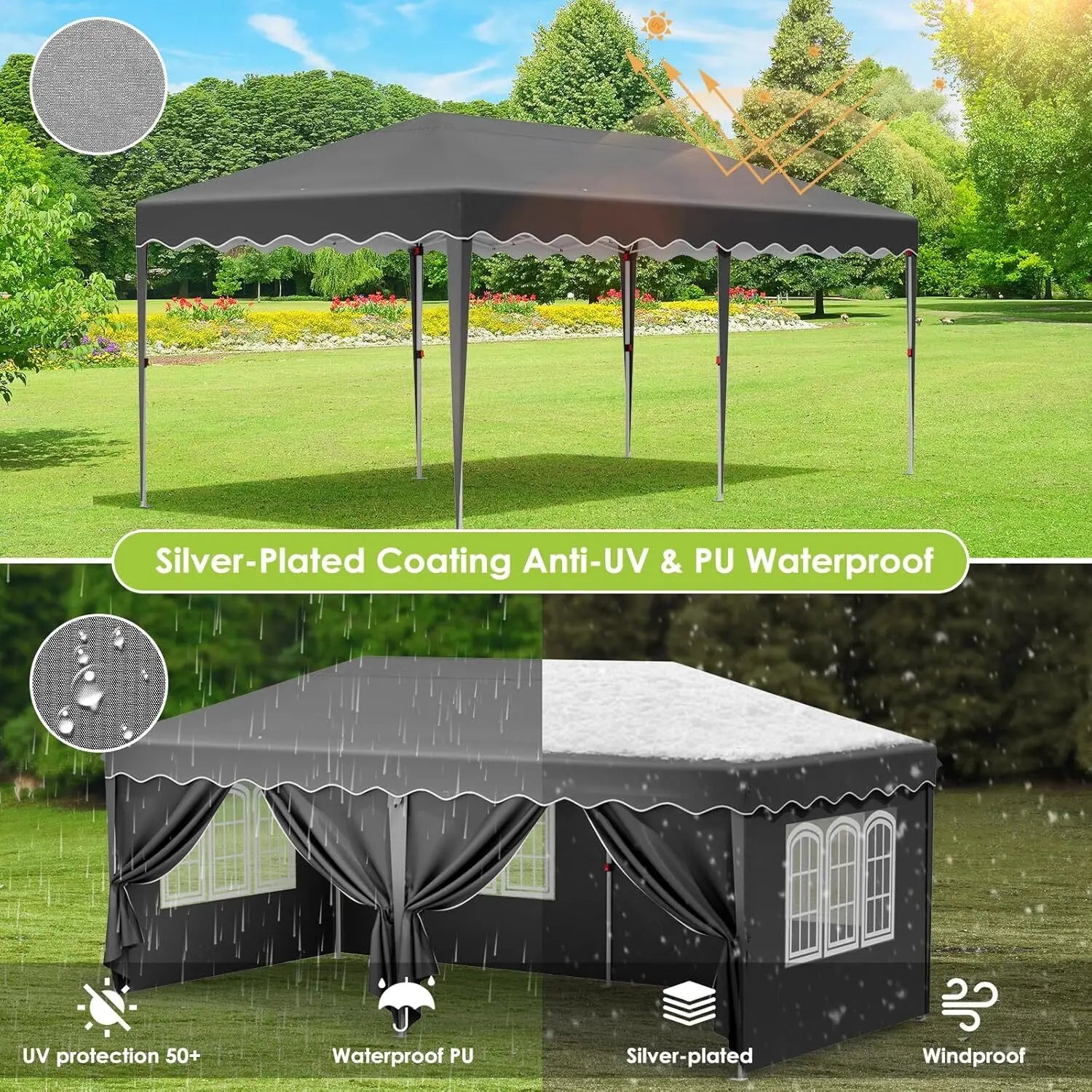 Paviljoen - Tuinpaviljoen - Partytent - Tuintent - Pop-up Kliksysteem - Stabiel - Vouwtent - Opvouwbaar - met 6 Zijpanelen - Waterdicht - Winterbestendig - 50+UV-Bescherming - voor Tuin - Buiten - Achtertuin - Oxford fabric - 3 x 6 m - Donkergrijs - QUORE