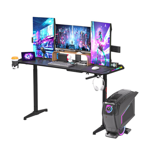 Groot Laptop Computer Bureau - Gaming en Thuiskantoor - met RGB LED Verlichting - Hoogte Verstelbaar - 160x60.5x120cm - Rechthoekig Staand Bureau - Zwart