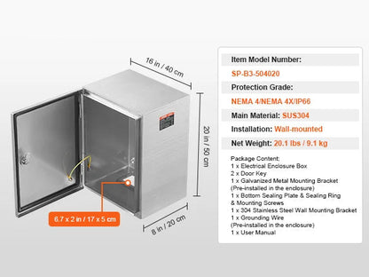 Roestvrijstalen Elektrische Behuizing – Waterdicht – Stofdicht – Vergrendelbaar – Buitenbehuizing – IP66/NEMA 4X – SUS304 Staal