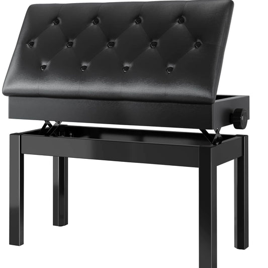 Pianokruk - Pianobank - Pianostoel - Verstelbare Dubbele Pianobank met Opbergruimte – Zwart Kunstleer – 73x33x49-59cm – Comfortabele Zitting voor Twee Personen - QUORE