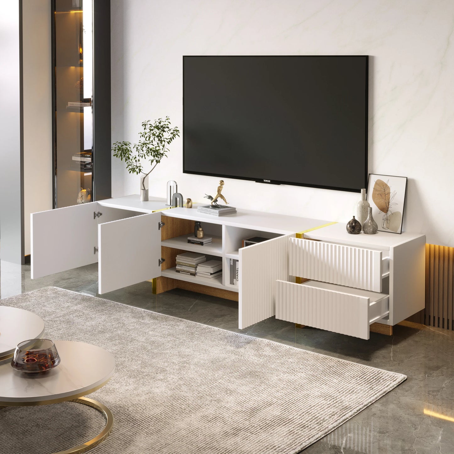 Comanlai 190cm TV Cabinet with 3 Doors and 2 Drawers,High-gloss TV Cabinet with Color-blocked Legs,Modern TV Stands,190×35×45cm
