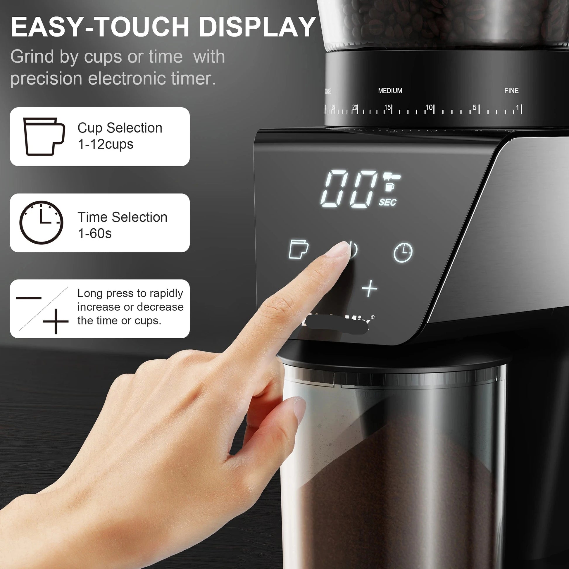 Elektrische Koffie Molen - Automatische Braammolen - Koffiebonen Maler - 30 Tandwiele - voor Espresso - Filterkoffie en French Press - 220V - 300g Bonenreservoir - LCD Timer - QUORE