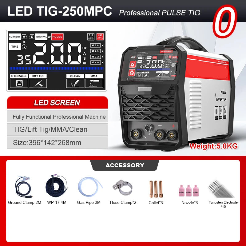 Elektrode Lasmachine - Lasmachine - Lasapparaat - Digitaal Inverterlassen - Draagbare - met Pulse HF - Tig Arc - DC Inverter Tig  - 39.6 x 14.2 x 26.8 cm - Rood & Wit