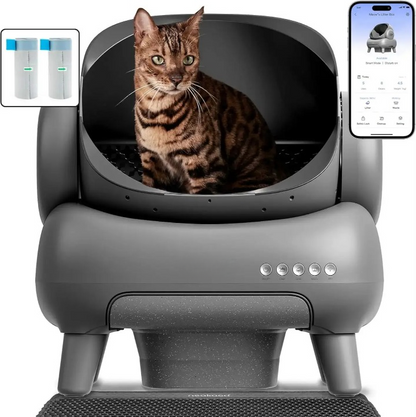 Automatische Kattenbak - Kattenbakvulling - Kattentoilet - Zelfreinigende - Bovenopen - met Mat - App – 7,17 Liter Capaciteit – Infrarood Sensoren - Grijs - QUORE