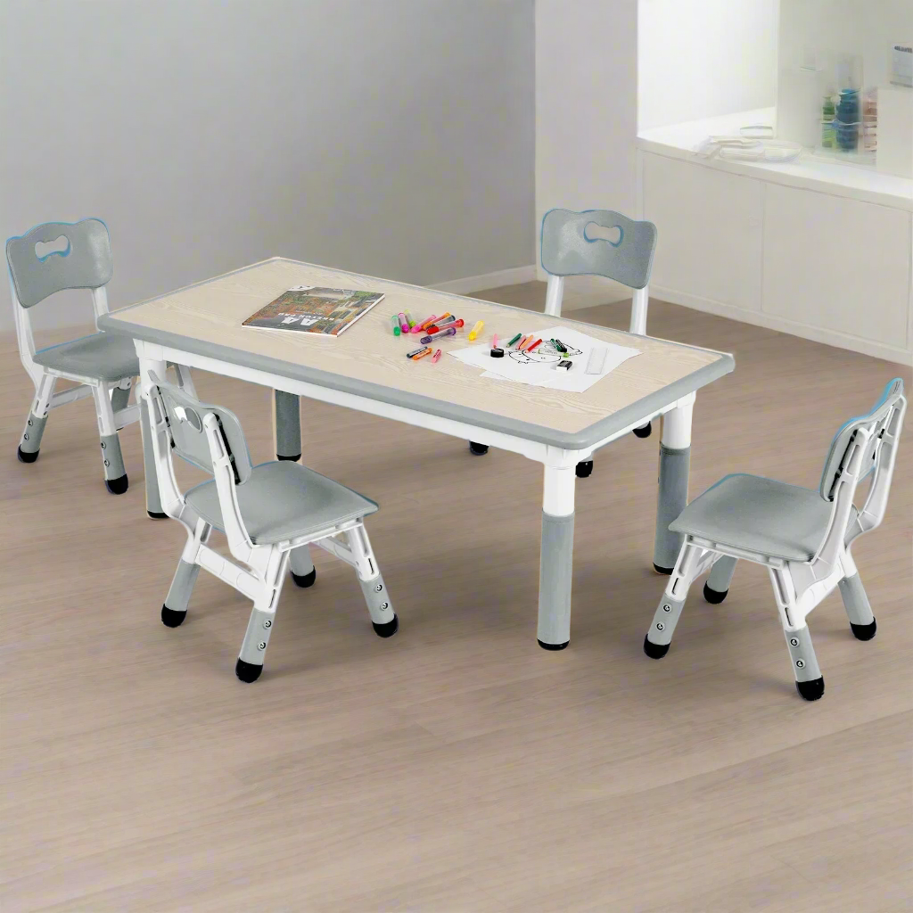 Kindertafeltje met 4 Stoelen – Kindermeubelset – Speeltafel – Tafel en Stoelen – Kinderzitje – Verstelbare Hoogte – Duurzaam HDPE Kunststof – Maximale Belastbaarheid 100 kg - Grijs - QUORE