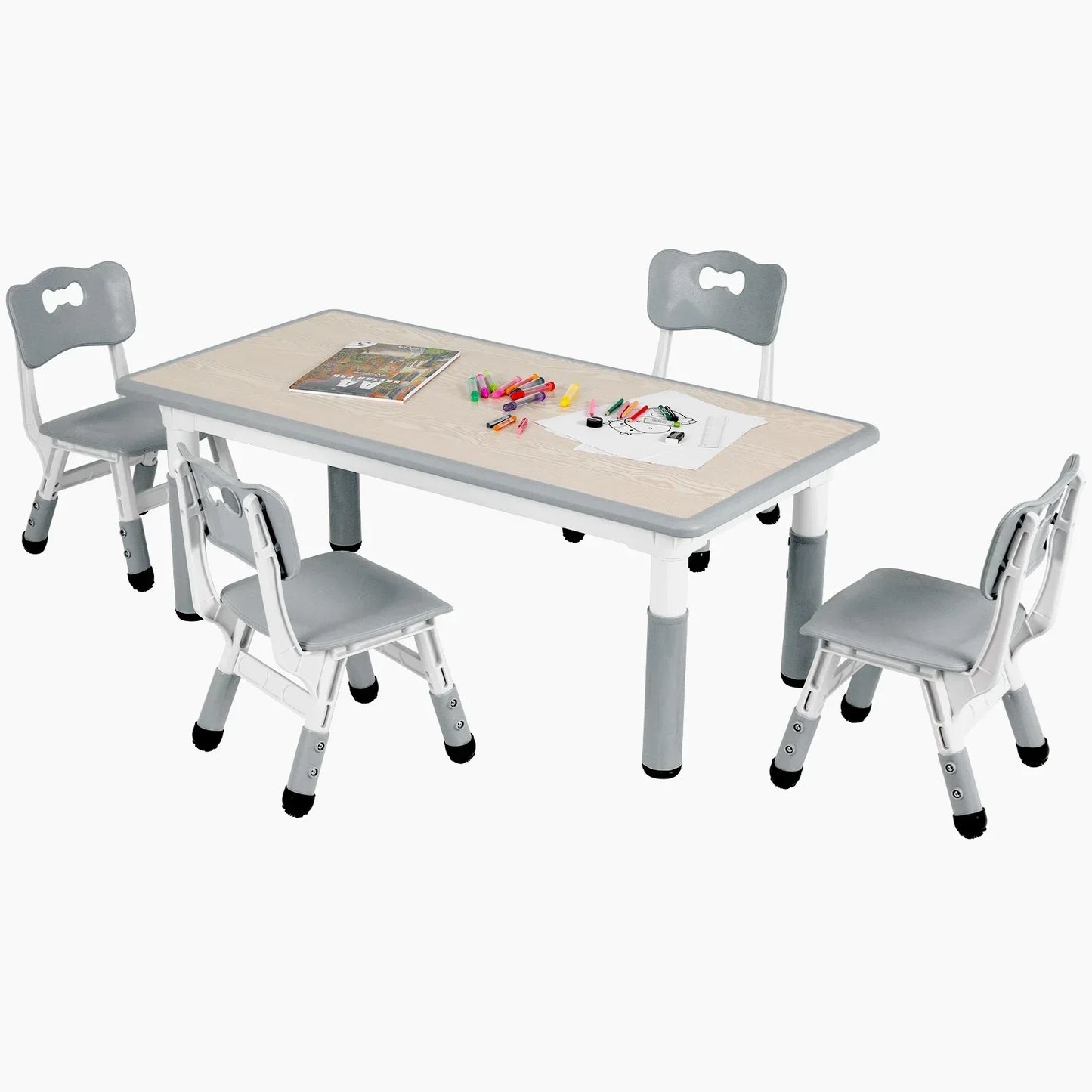 Kindertafeltje met 4 Stoelen – Kindermeubelset – Speeltafel – Tafel en Stoelen – Kinderzitje – Verstelbare Hoogte – Duurzaam HDPE Kunststof – Maximale Belastbaarheid 100 kg - Grijs - QUORE
