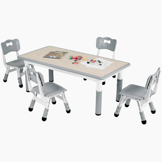 Kindertafeltje met 4 Stoelen – Kindermeubelset – Speeltafel – Tafel en Stoelen – Kinderzitje – Verstelbare Hoogte – Duurzaam HDPE Kunststof – Maximale Belastbaarheid 100 kg - Grijs - QUORE