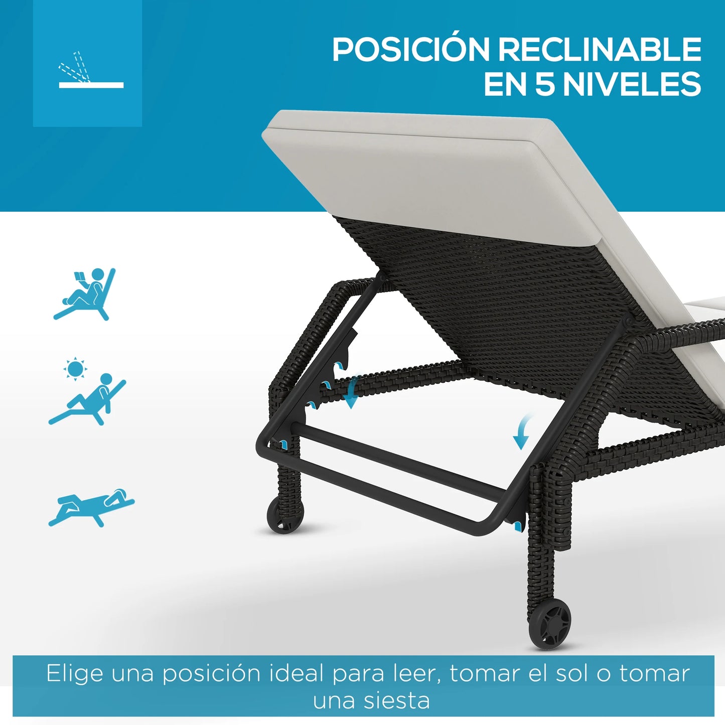 Rattan Lounger met Verstelbare Rugleuning - Handgeweven PE Rattan en Metalen Frame - Met Wielen - 5 Posities - 73x200x48 cm - Crème en Zwart
