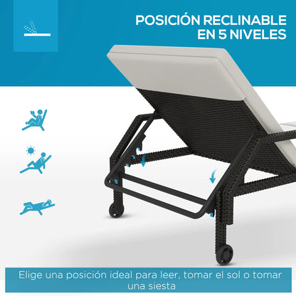 Rattan Lounger met Verstelbare Rugleuning - Handgeweven PE Rattan en Metalen Frame - Met Wielen - 5 Posities - 73x200x48 cm - Crème en Zwart