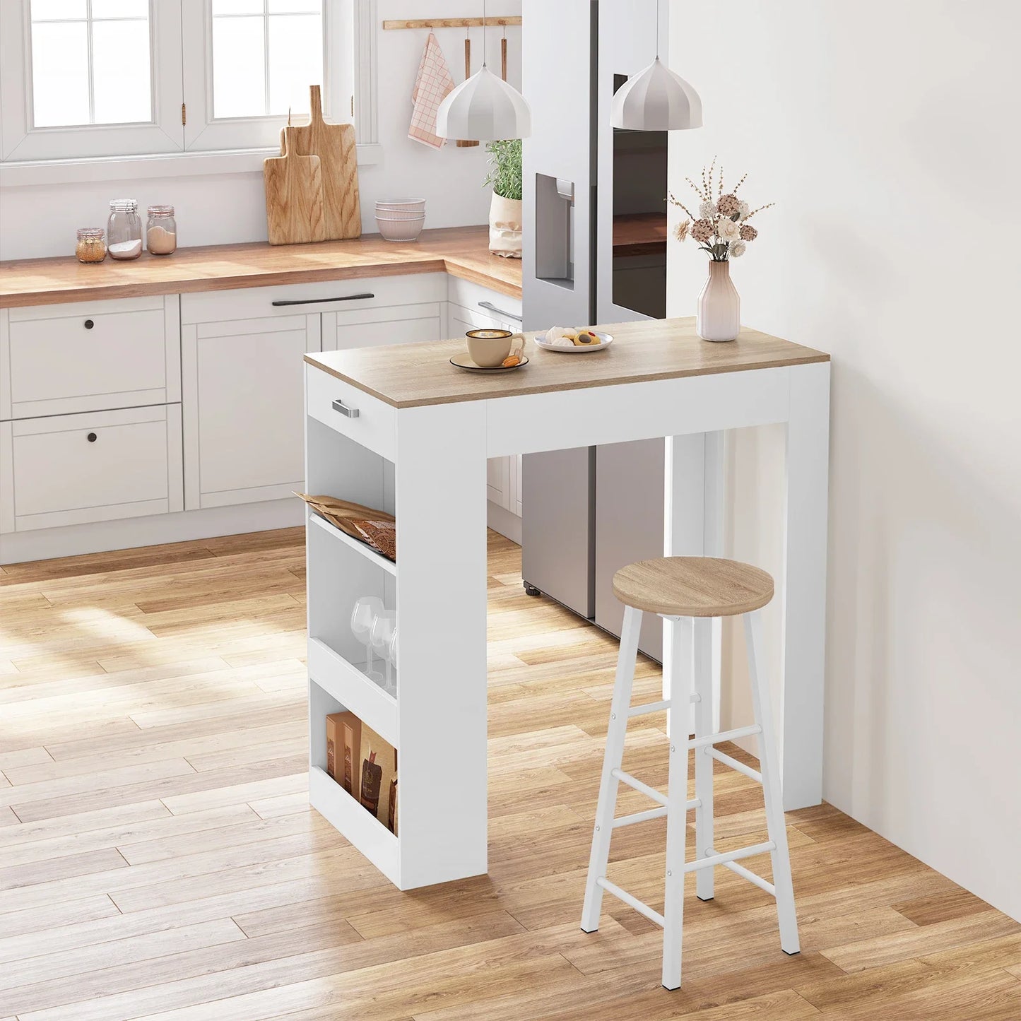 Bartafel - Keukentafel - Bar - Hoge tafel - 1 lade - 3 planken - Hout -  100x100x50cm - Wit - QUORE