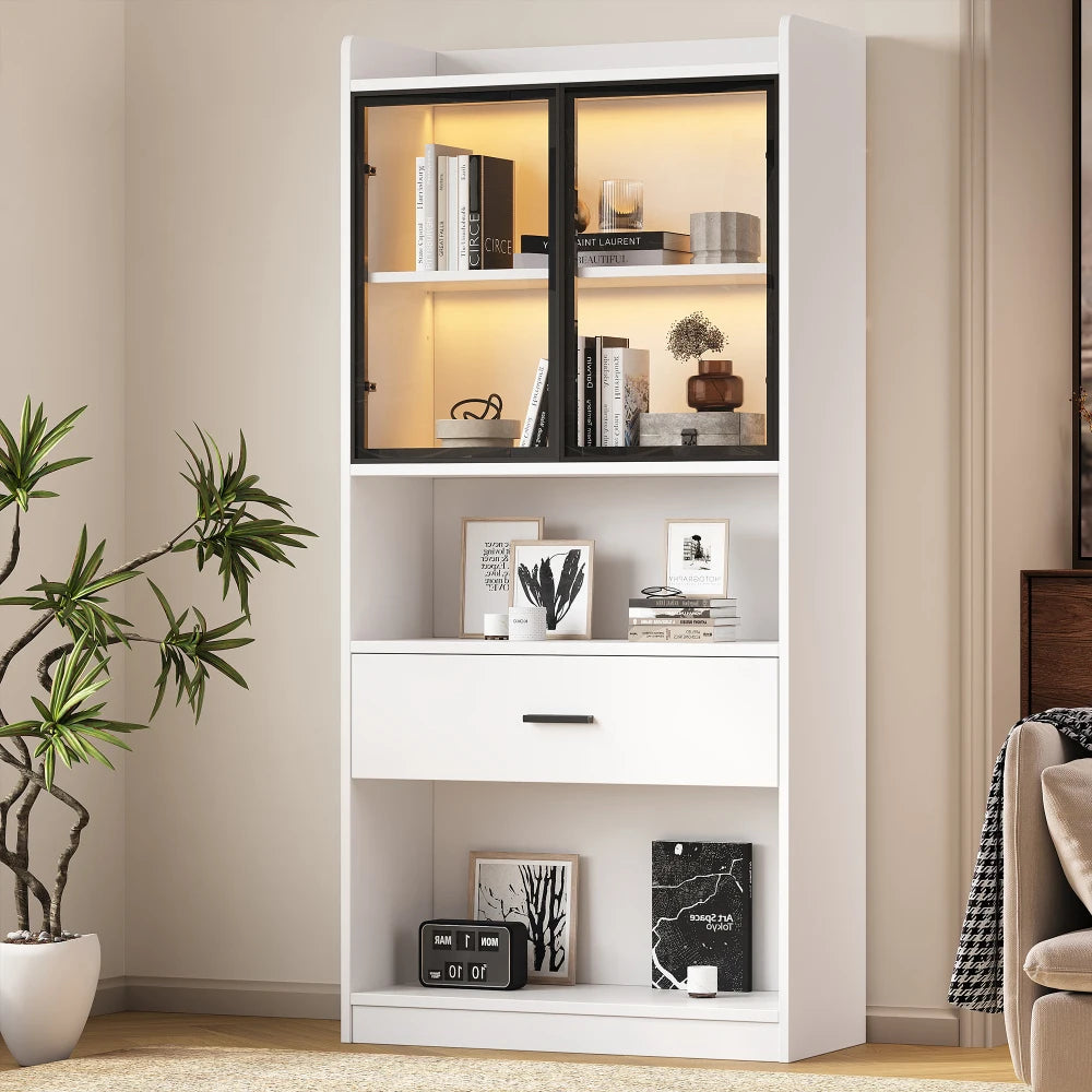 Vitrinekast – Vitrinekast Met Led – Glazen Kast – Boekenkast – Displaykast – Verstelbare Legplanken – Moderne Wit Met Afstandsbediening