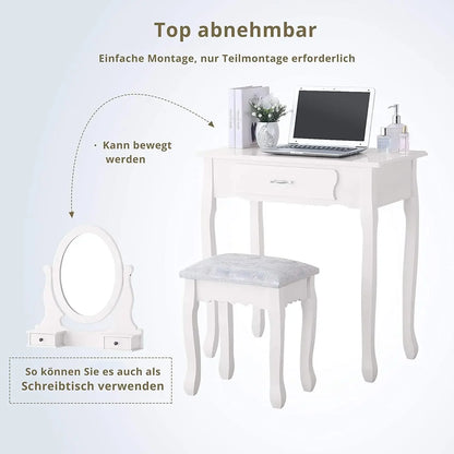 Make-uptafel – Make-up Desk – Kaptafel – Sieradentafel – Witte MDF – Verstelbare Spiegel – 3 Ruime Lades - 75 x 40 x 136 cm - Wit