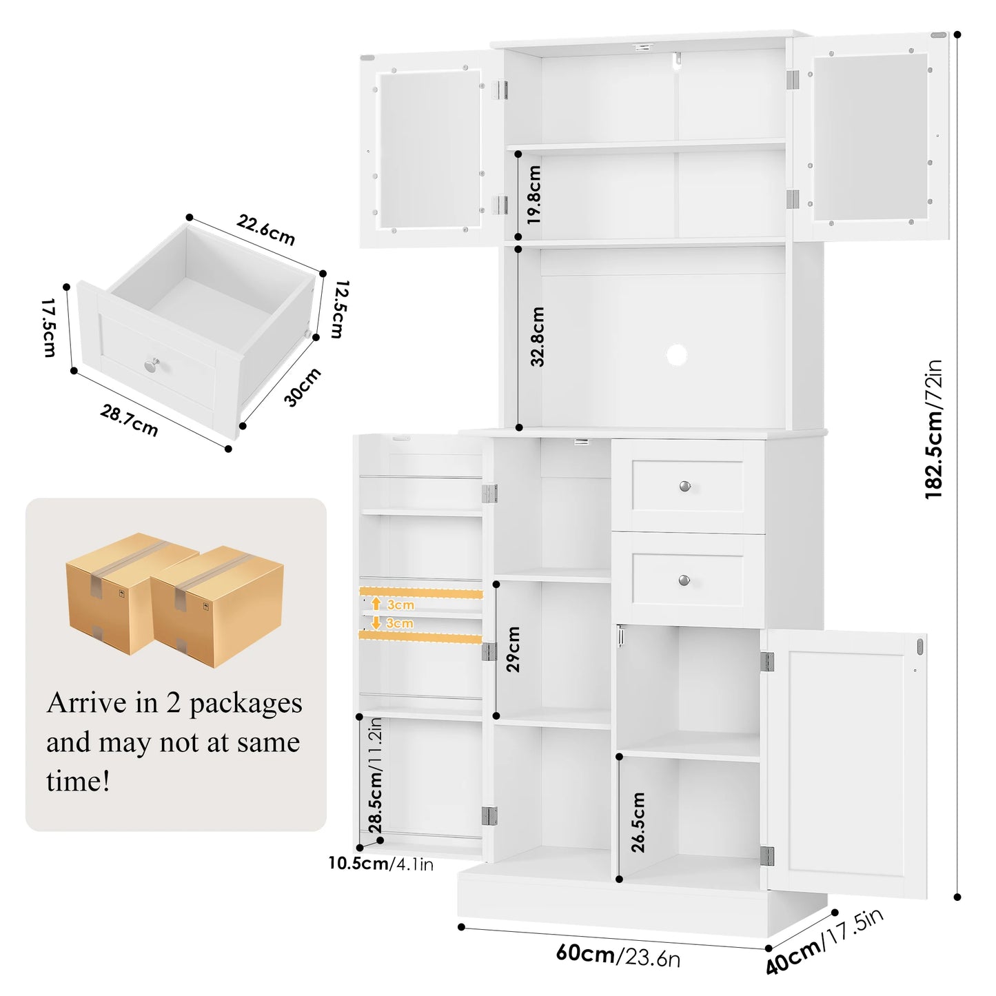 Hoge keukenkast – keukenkast met lades – buffetkast – voorraadkast – opbergkast – wit – 182,5 cm hoog – MDF met matte afwerking – glazen deuren en werkblad met kabeldoorvoer
