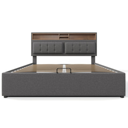 Gestoffeerd Tweepersoonsbed – Bedframe – Slaapbank – Opbergbed – Jeugdbed – 160×200 cm – Verstelbaar Hoofdbord Met USB-C Oplaadfunctie – Ruime Gasdruk Opbergruimte
