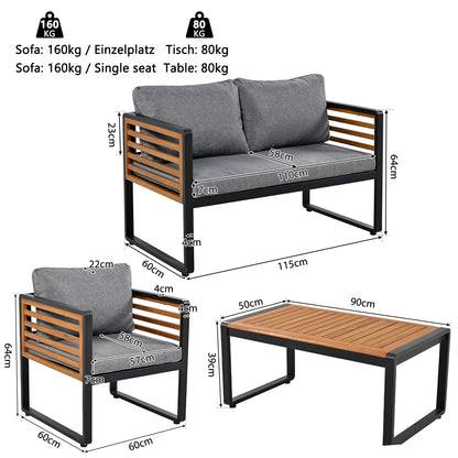 Tuinbankstel – Tuinmeubelset – Buitenbank – Loungeset – Verzinkt Stalen Frame – Acaciahouten Tafelblad – Comfortabele 7 Cm Kussens - Grijs