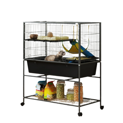 Dierenkooi – Kleine Dierkooi – Konijnenkooi – Fretkooi – Chinchillakooi – 3-Laags Met Vier Wieltjes – Diepe Uitneembare Bak - 88 x 48 x 102 cm - Donkergrijs