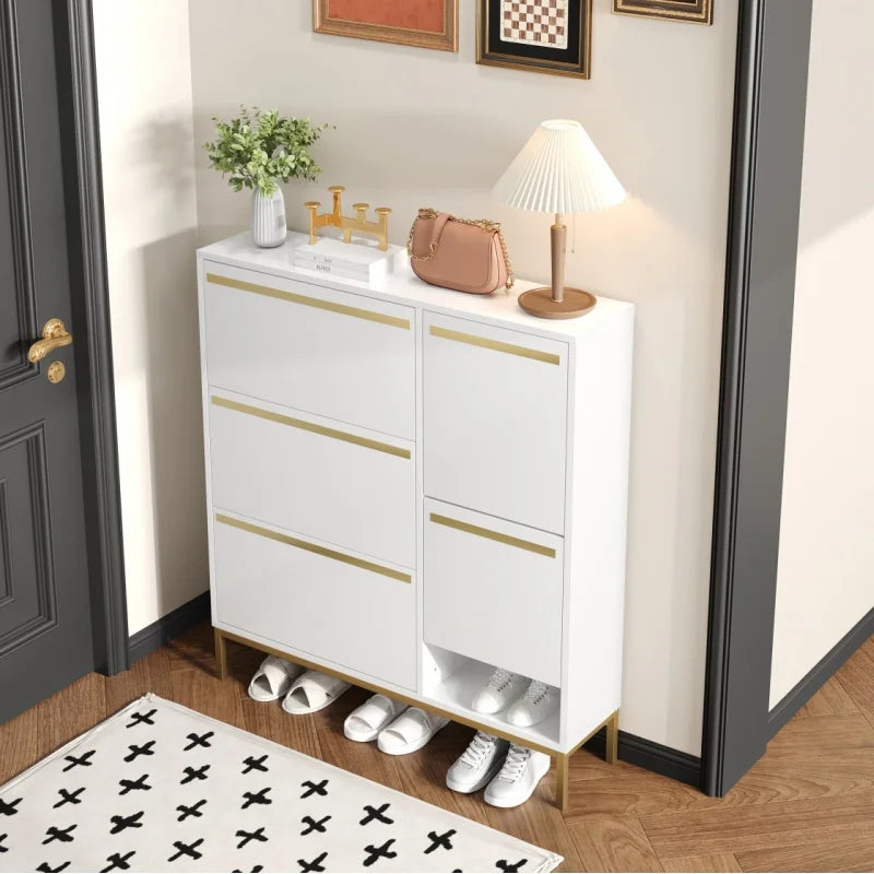 Schoenenkast – Schoenenopslag – Schoenenrek – Schoenenbank – Schoenenmeubel – 15 Tot 22 Paar – MDF Met Gouden Accenten - 105 × 115.5 × 25 cm - Wit - QUORE