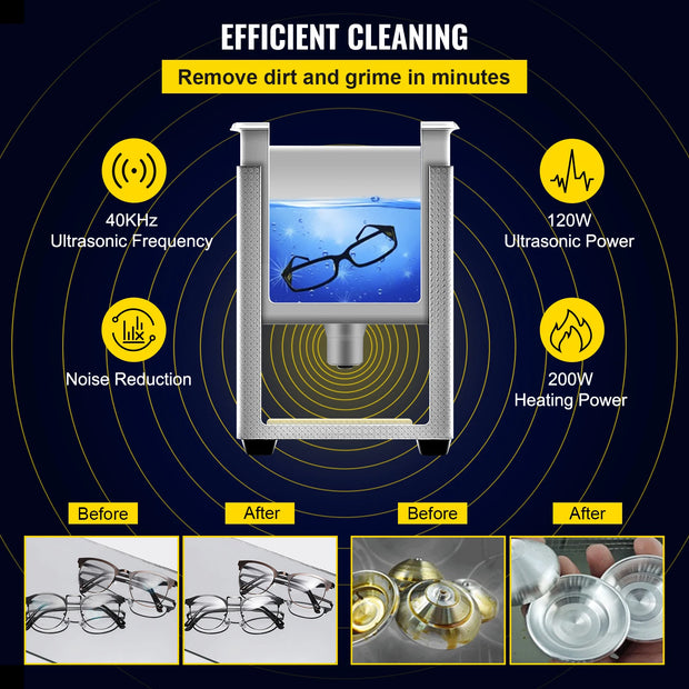 Vevor - Ultrasonic cleaner - Portable - Upgraded - Lave-Dishes - Frequency 40kHz - 220V - Cleaning device for jewelry and glasses - Stainless steel - Capacity 15L - Silver