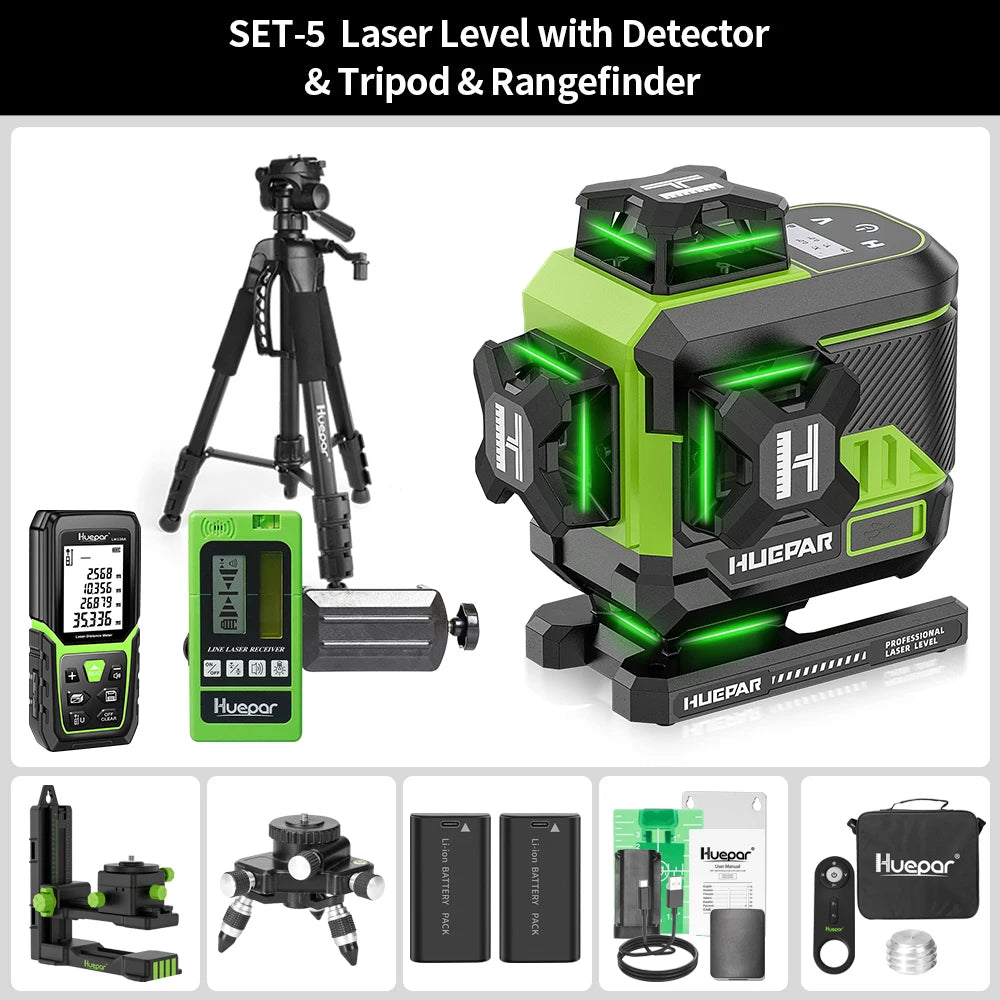 Huepar 4D 16 Lines Cross Line Laser Level Z04CG LCD Screen Bluetooth & Remote Control Osram Green Beam With 2x Li-ion Batteries