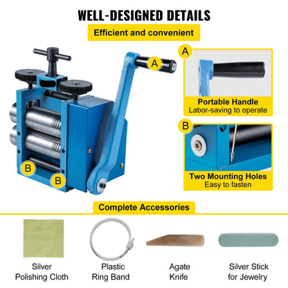 Handmatige Walsmachine - 3"/4.4" Koudwalsen - voor Goud en Zilver - met Verstelbare Dikte - en 3-in-1 Drukfunctionaliteit - Volledige Accessoireset - 112 mm Gladde Gleuf