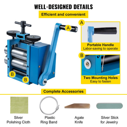 Handmatige Walsmachine - 3"/4.4" Koudwalsen - voor Goud en Zilver - met Verstelbare Dikte - en 3-in-1 Drukfunctionaliteit - Volledige Accessoireset - 76 mm Single Slot