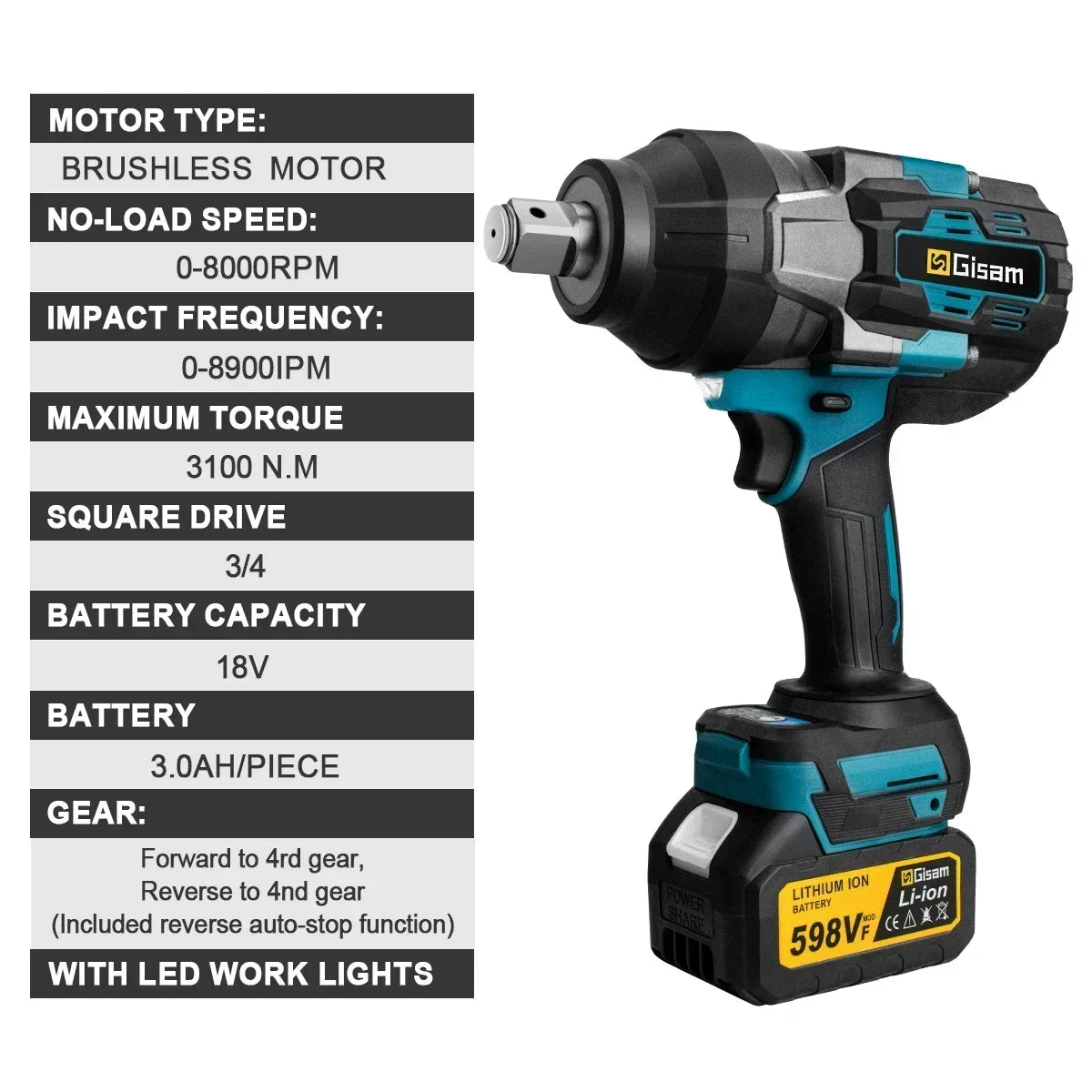 GISAM 3100N.M Brushless Electric Impact Wrench 3/4 Inch Cordless Torque Wrench Screwdriver Power Tool For Makita 18V Battery - QUORE