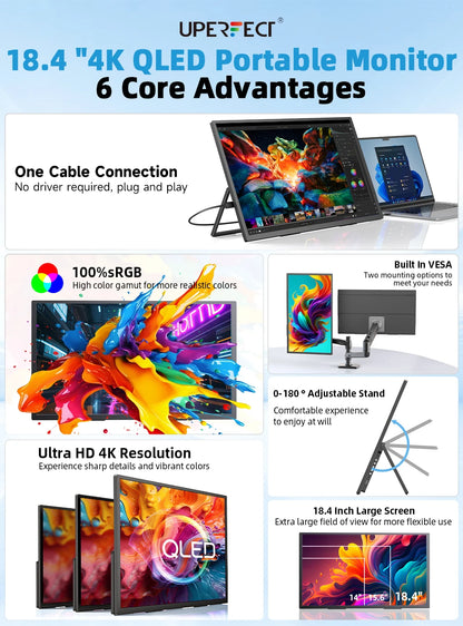 18,4 inch draagbare monitor – portable scherm – extern beeldscherm – gaming display – 4K QLED scherm – ultradun design – haarscherpe 4K-resolutie – AMD FreeSync ondersteuning - QUORE
