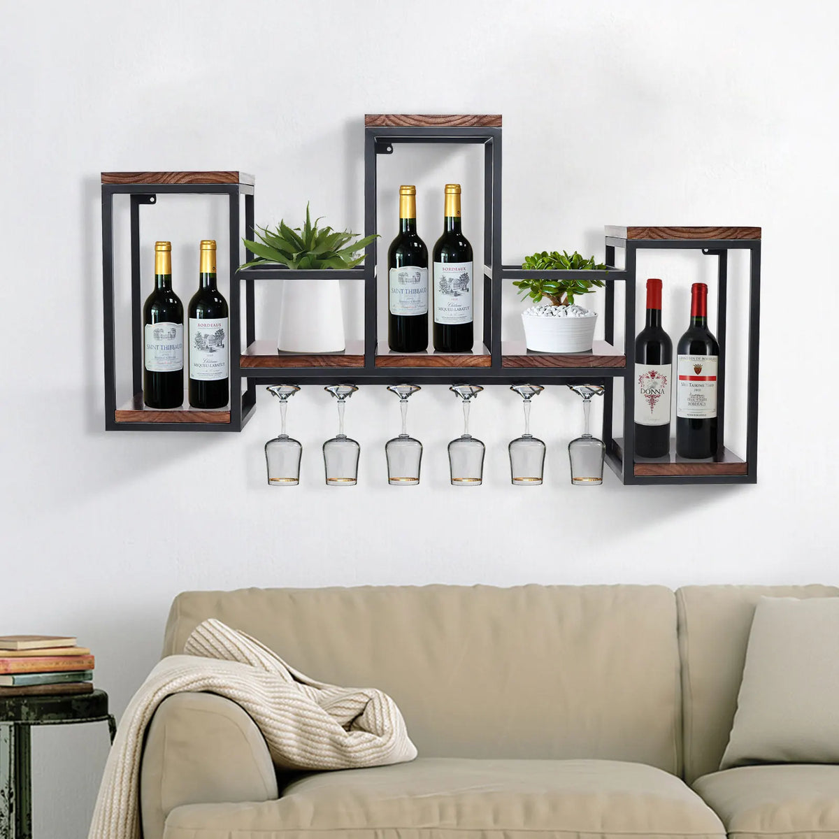 Wine Rack - Wine Bottle Rack - Wijnrek - Wijnflessenrek - Metalen Wijnfleshouder - Industrieel Wandgemonteerd Wijnrek - Luxe Opslag voor Wijnflessen & Glazen