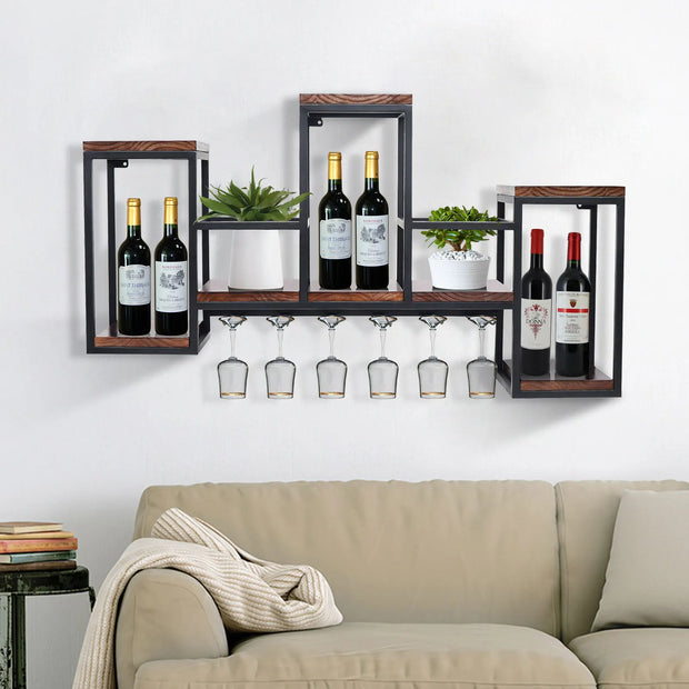 Wine Rack - Wine Bottle Rack - Wijnrek - Wijnflessenrek - Metalen Wijnfleshouder - Industrieel Wandgemonteerd Wijnrek - Luxe Opslag voor Wijnflessen & Glazen