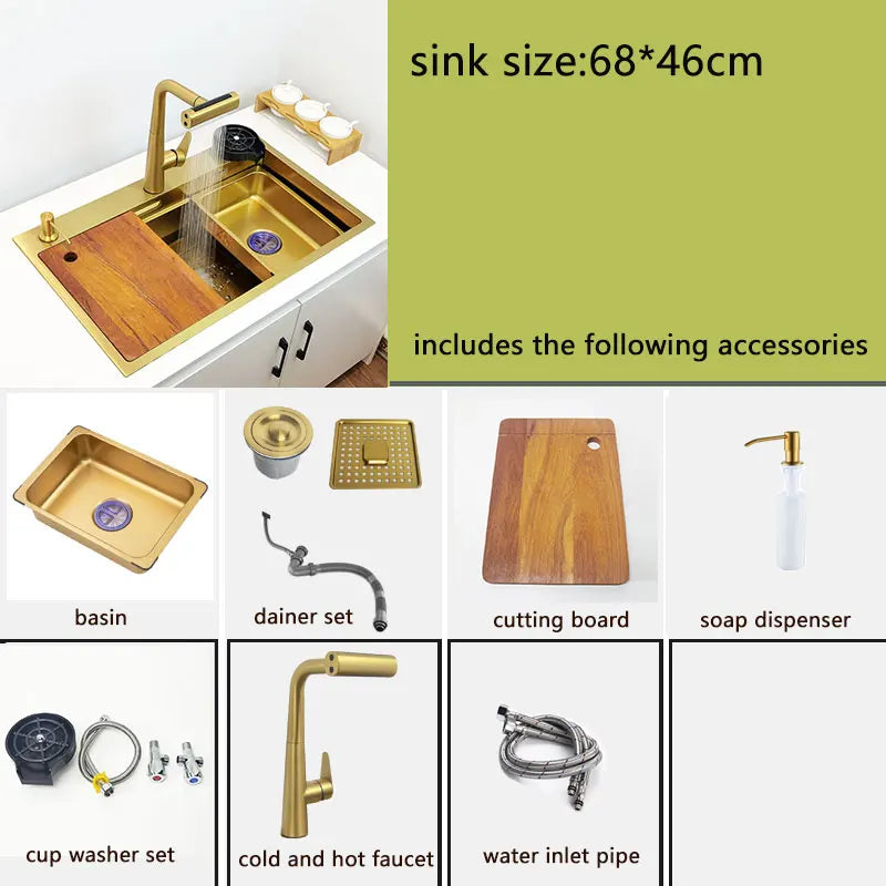 gold Waterfall faucet kichen sink Nano sink 304 Stainless Steel Golden Topmount Single Bowl Wash Basin 4 function kitchen faucet