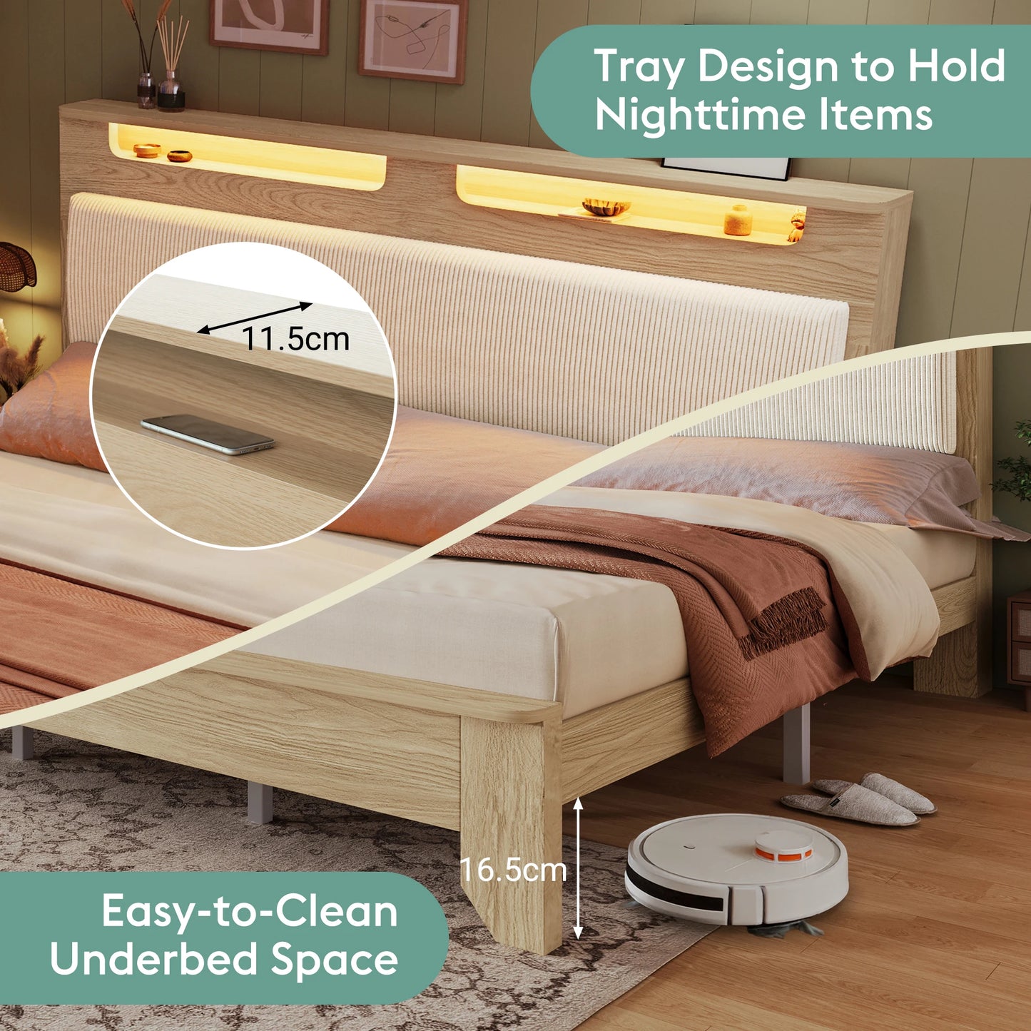 Bedframe – Tweepersoonsbed – Houten Bed – Platformbed – Gebruikt als Bedombouw – 140x200 cm – LED Verlicht Hoofdbord – Met Opbergruimte en Gestoffeerde Rugleuning