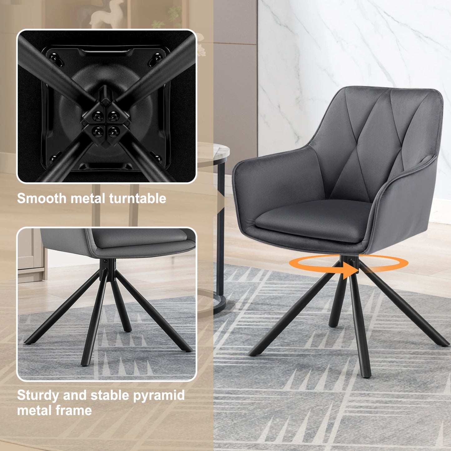 Eetkamerstoelen - Eetstoelen - Keukenstoelen - 2 Stuks - Ergonomische Scandinavische Stijl - met Rugleuning - Voor Keuken - Eetgedeelte - Fluwelen Zitje - Metalen Draaibare Poten - 57.5 x 85.5 x 58.5 cm - Donkergrijs