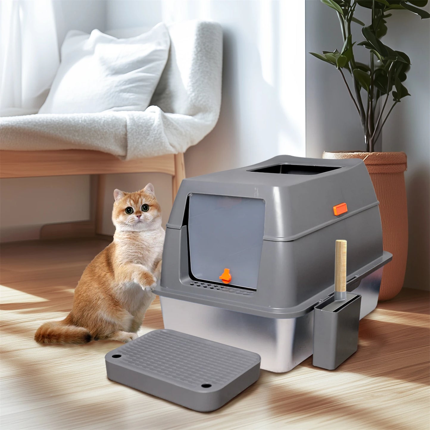 Kattenbak - Kattentoilet - kattenbakvulling - Hoge Wanden & Metalen Binnenbak – Grijs en Zilver - XL