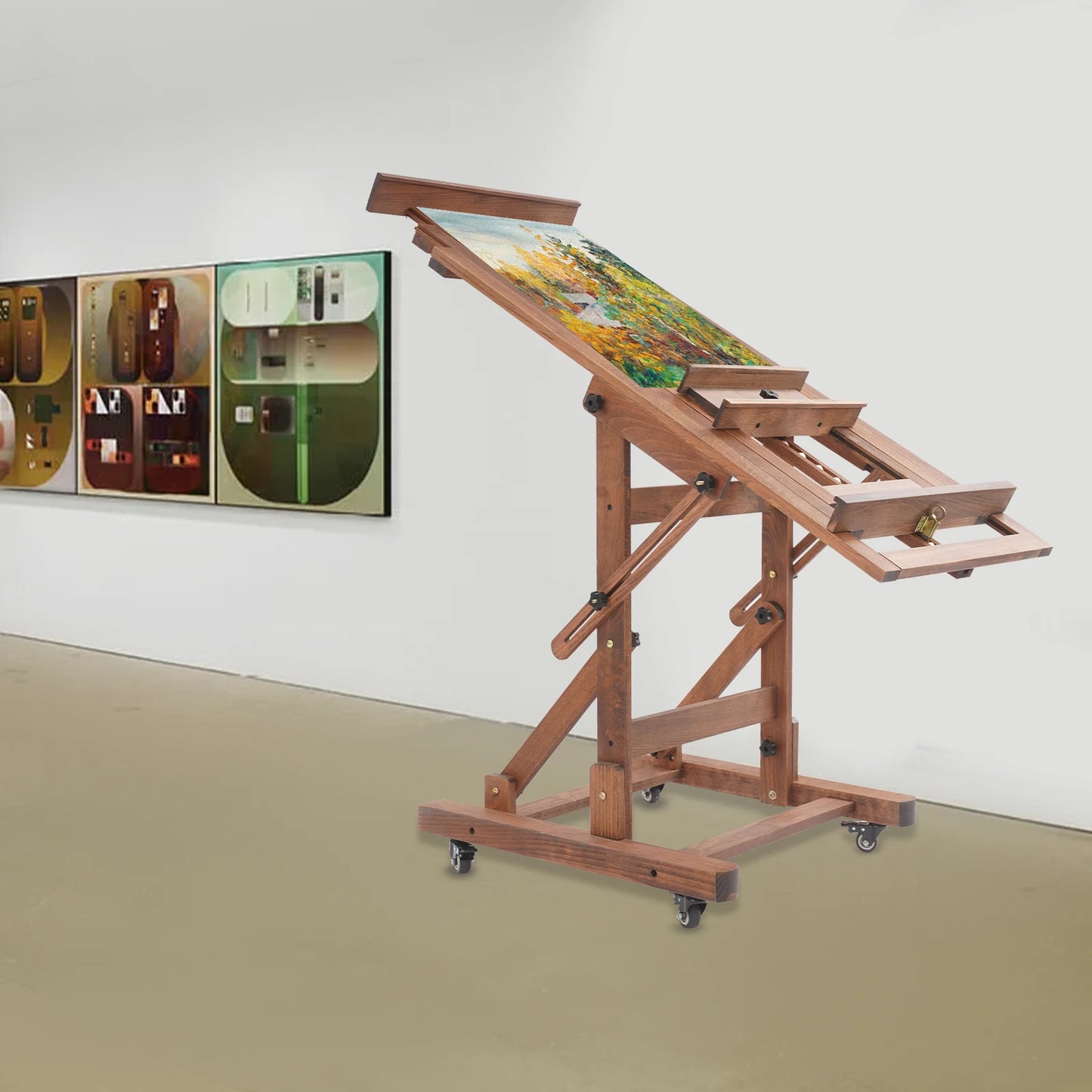 Houten schildersezel – Kunstenaars ezel – Teken ezel – Schilderij standaard – Atelier ezel – Verstelbaar 140-300 cm – Inclusief wielen met remmen