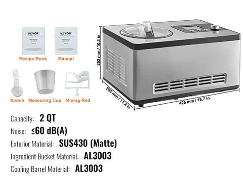 Ice Cream Maker - Ice Cream Machine - Slushy Maker - Ice Cream Machine - Smoothie Maker - Horizontal - with Built-in Compressor 2 Quarts