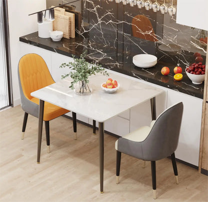 Eetkamertafel – Marmeren Tafel – Vierkante Eettafel – Compacte Tafel – Sintered Stone Blad – Robuuste Metalen Poot – 80x80 cm - Wit en smaragdgroen