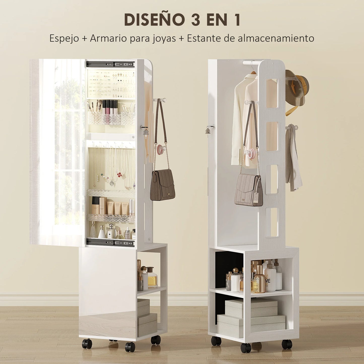 Sieradendoos Spiegel – Sieradenkast – Opbergdoos – Accessoire Organizer – 360° Draaibare Basis – LED-Verlichting – Slot Met Sleutels – Wit Met Beige - QUORE