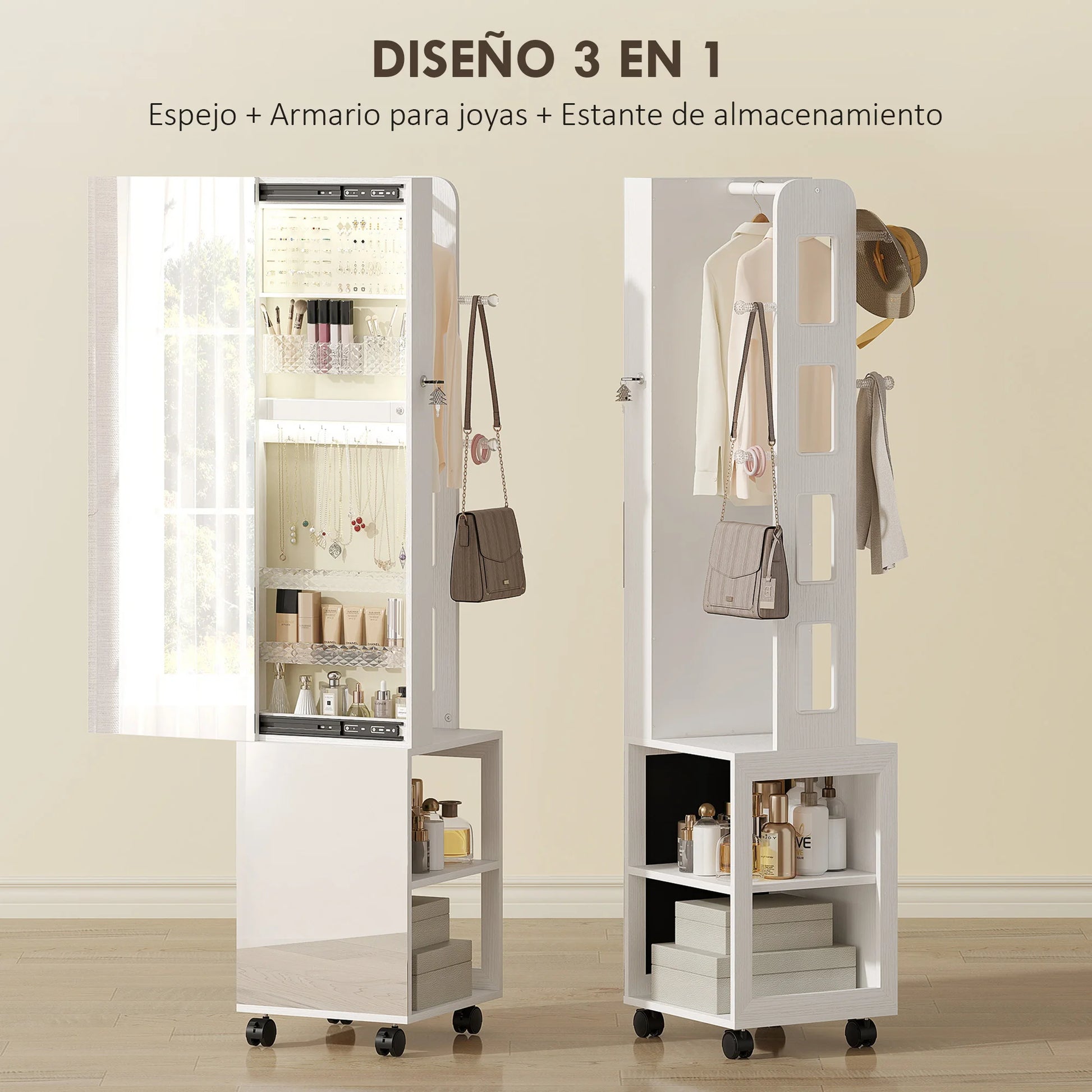 Sieradendoos Spiegel – Sieradenkast – Opbergdoos – Accessoire Organizer – 360° Draaibare Basis – LED-Verlichting – Slot Met Sleutels – Wit Met Beige - QUORE