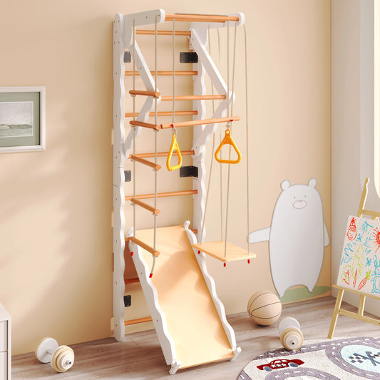 Kinderbed – Peuterbed – Juniorbed – Eenpersoonsbed – Vloerbed – 140x200 cm – Massief Grenenhout & MDF – Met Opberglades en Veiligheidsrailingen – Inclusief Trap