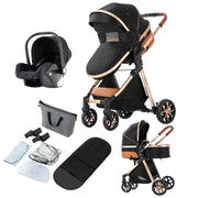 Kinderwagen - Buggy - Inklapbare Buggy - Opvouwbare Buggy - Inklapbare Buggy New Born - 3 in 1 -BabyWalker- High Landscape - ZwartGoud