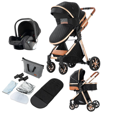 Kinderwagen - Buggy - Inklapbare Buggy - Opvouwbare Buggy - Inklapbare Buggy New Born - 3 in 1 -BabyWalker- High Landscape - ZwartGoud