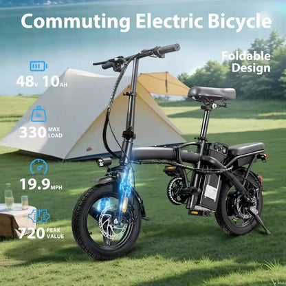 Elektrische Fiets - Gas Fiets - Mini E-bike - Draagbare - Opvouwbare - voor Volwassenen - Stedelijke Forens - 400W - 48V - 10.4Ah - 25 km/h - 6W LED-koplampen - Zwart